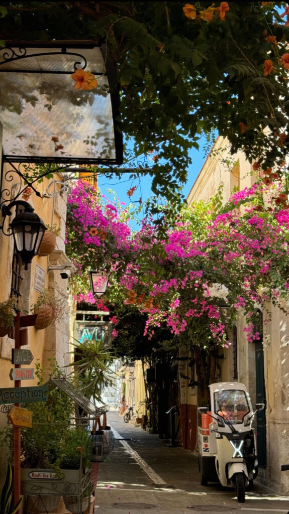 European summer in street of Old Town Rethymno with beautiful pink flowers