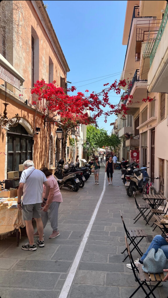 Old Town Rethymno Crete with pink flowers