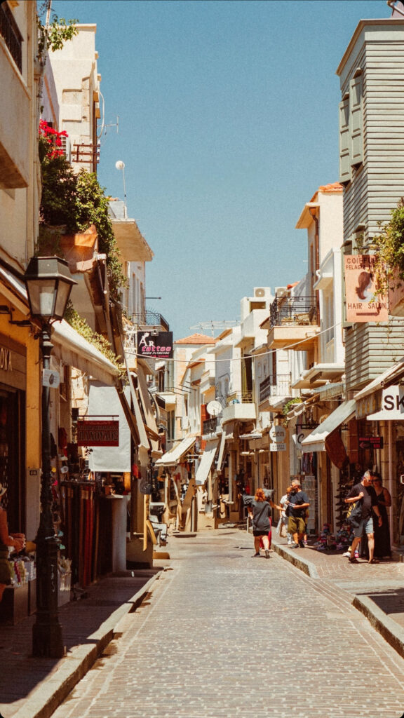 Rethymno's old town narrow street during warm summer day