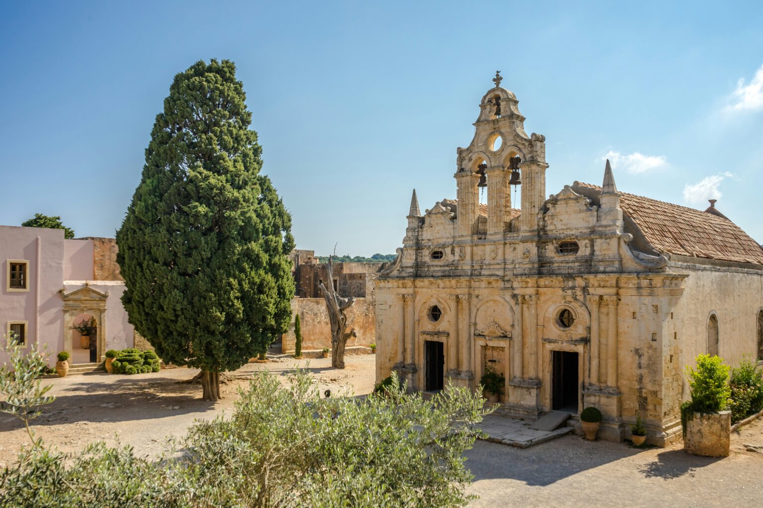 View of Arkadi Monastery and surrounding hills in Crete