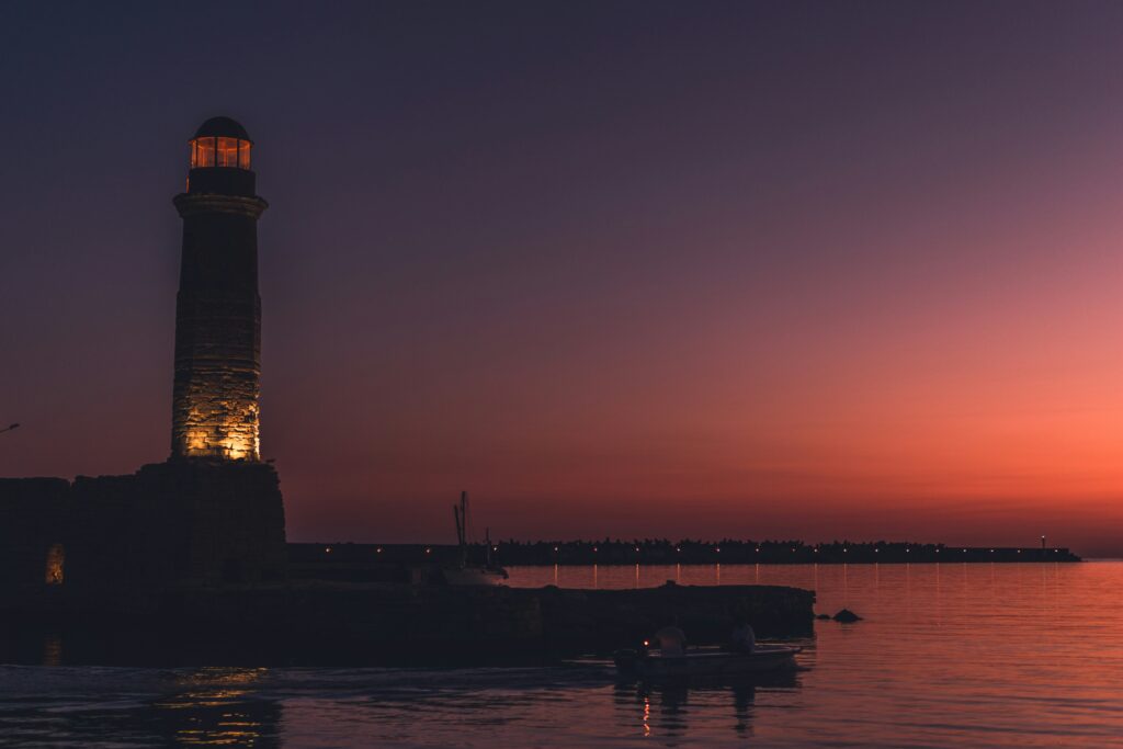 Venetian harbor in Rethymno Crete at Sunset