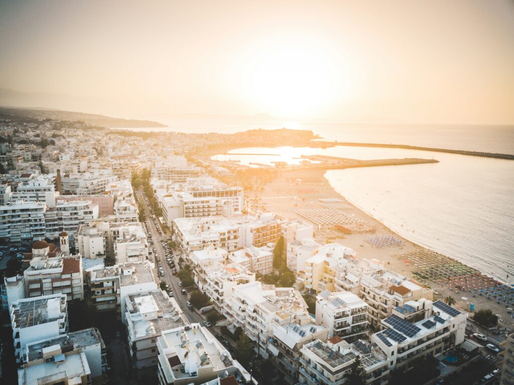 View of Rethymno City and beach during sunset