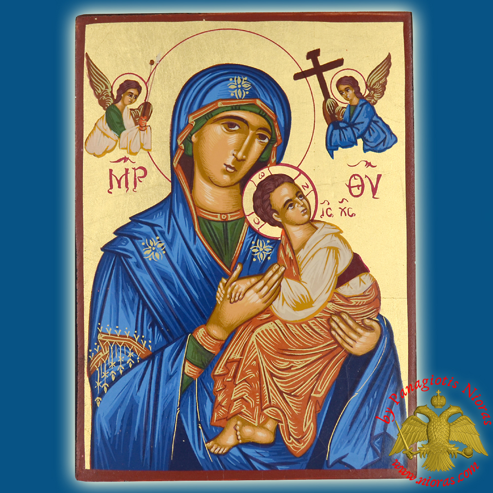 Greek Orthodox Icon og Panagia dressed in blue
