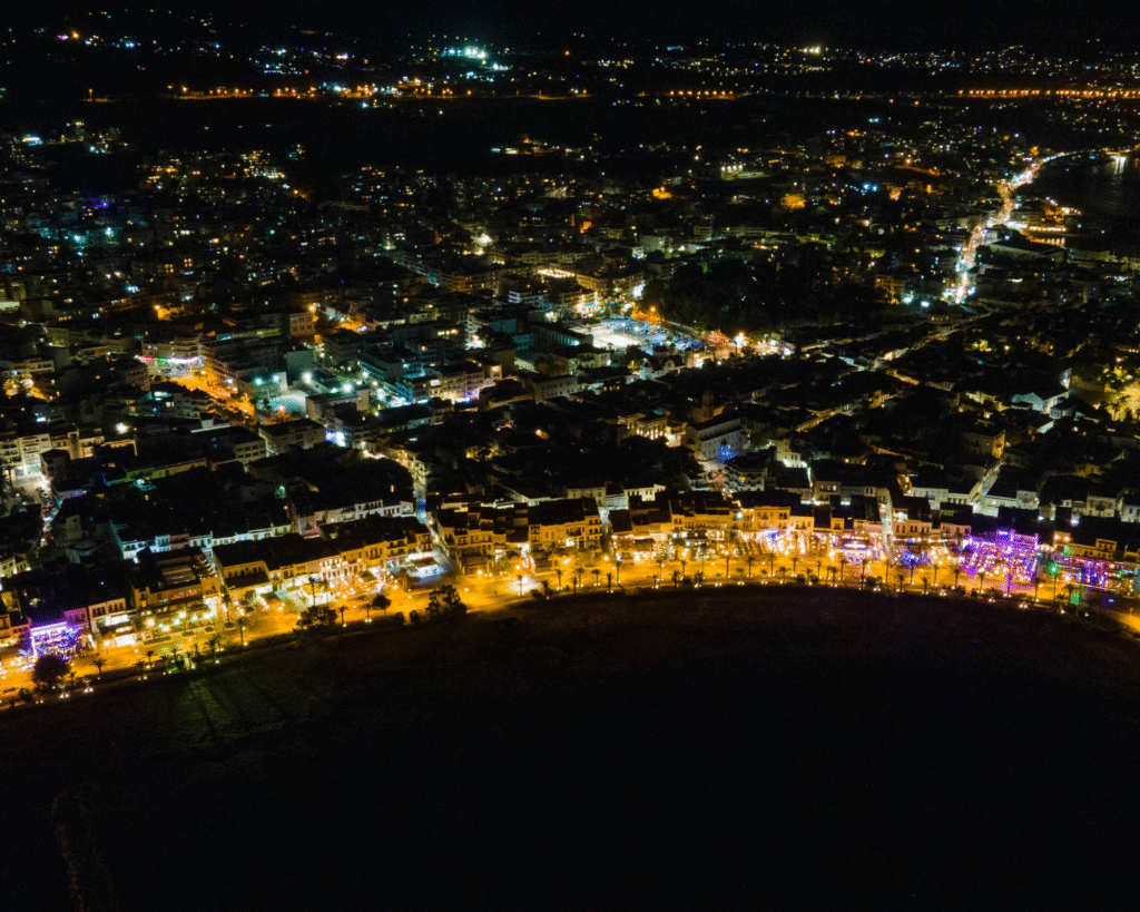 aerial view of rethymno harbour during night