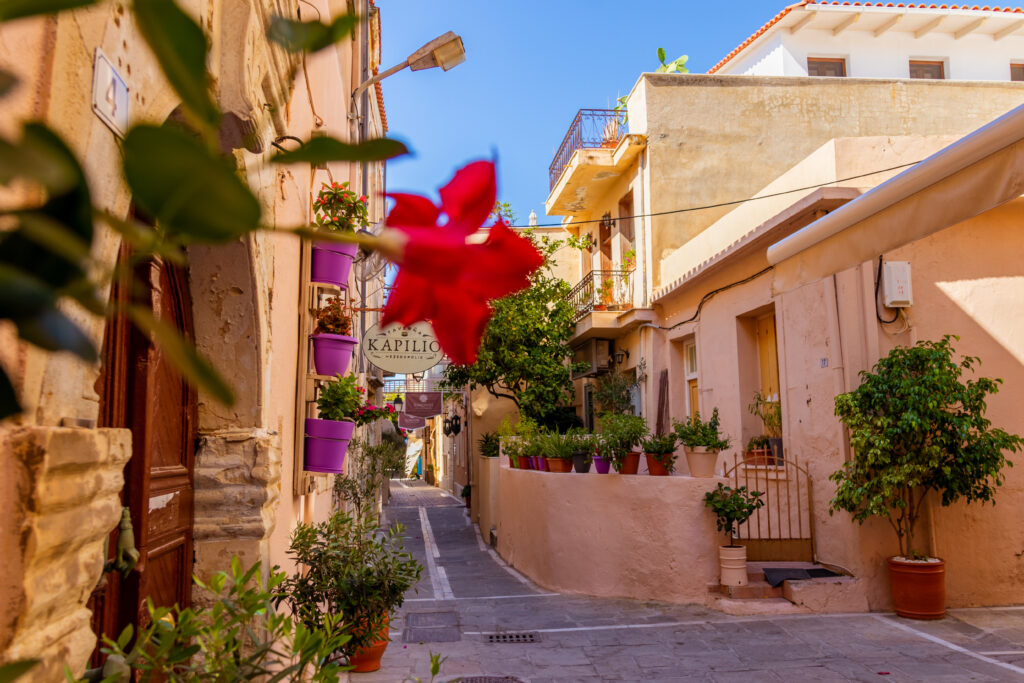 Sunny lane in Rethymno Old Town during summer