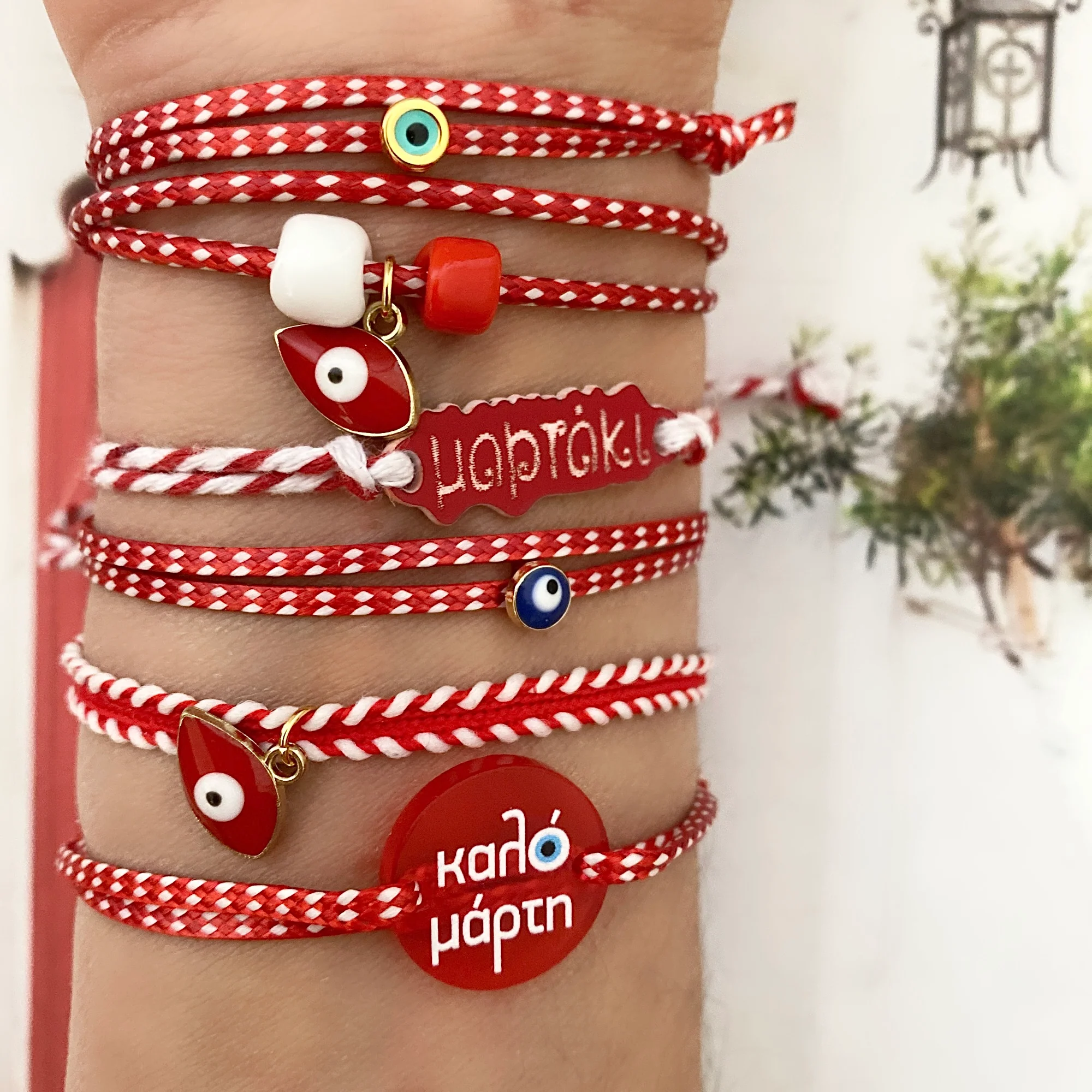 Traditional red and white Martaki bracelet in Greece