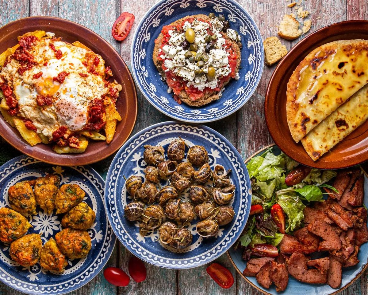 Family Easter meal in Crete with traditional foods