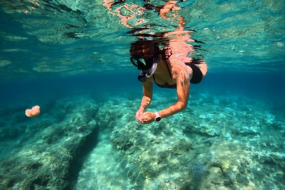 Snorkeling beach in Rethymno Crete with calm clear water and sandy shore