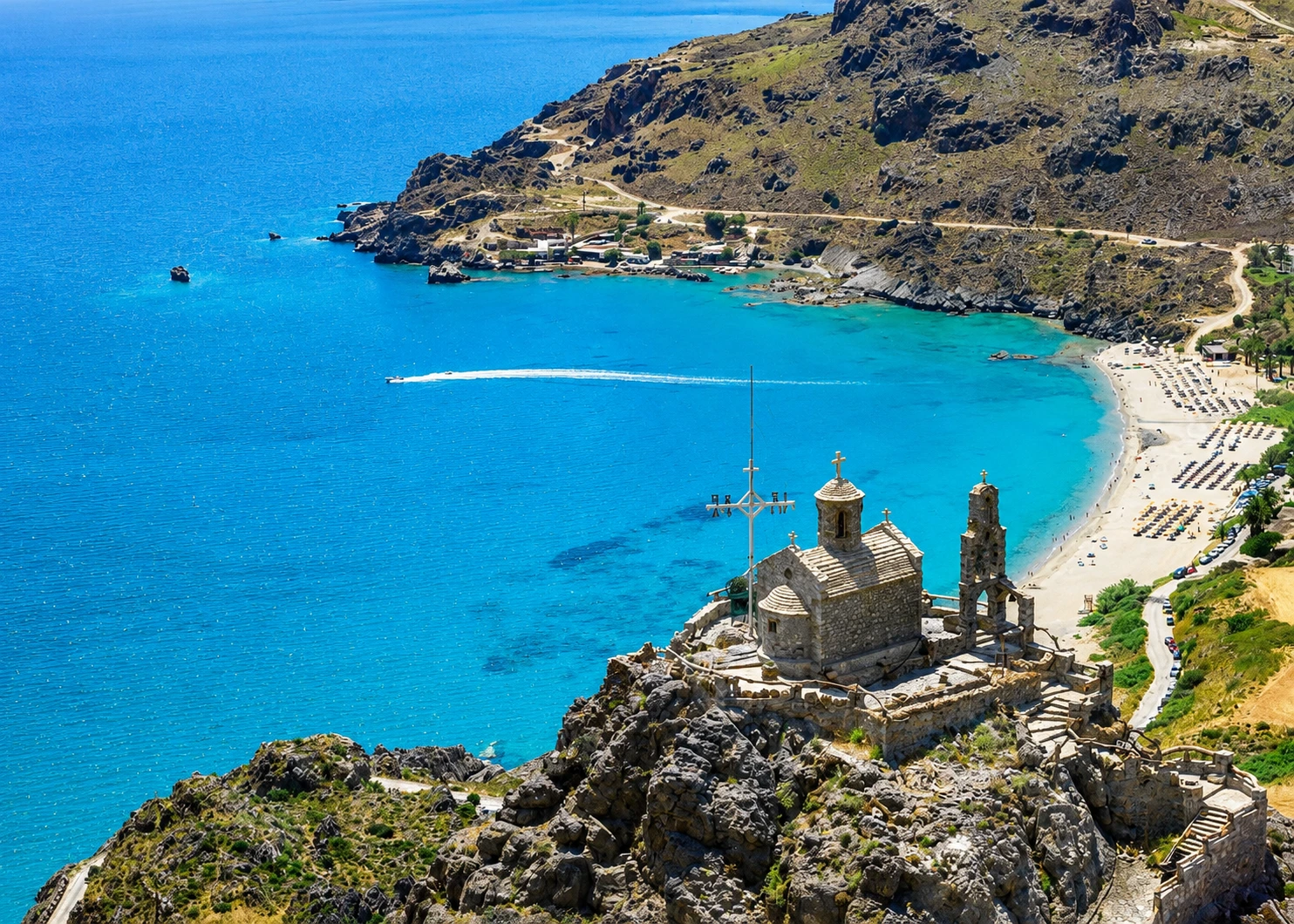 Aerial view of Damnoni Beach and bay in Rethymno