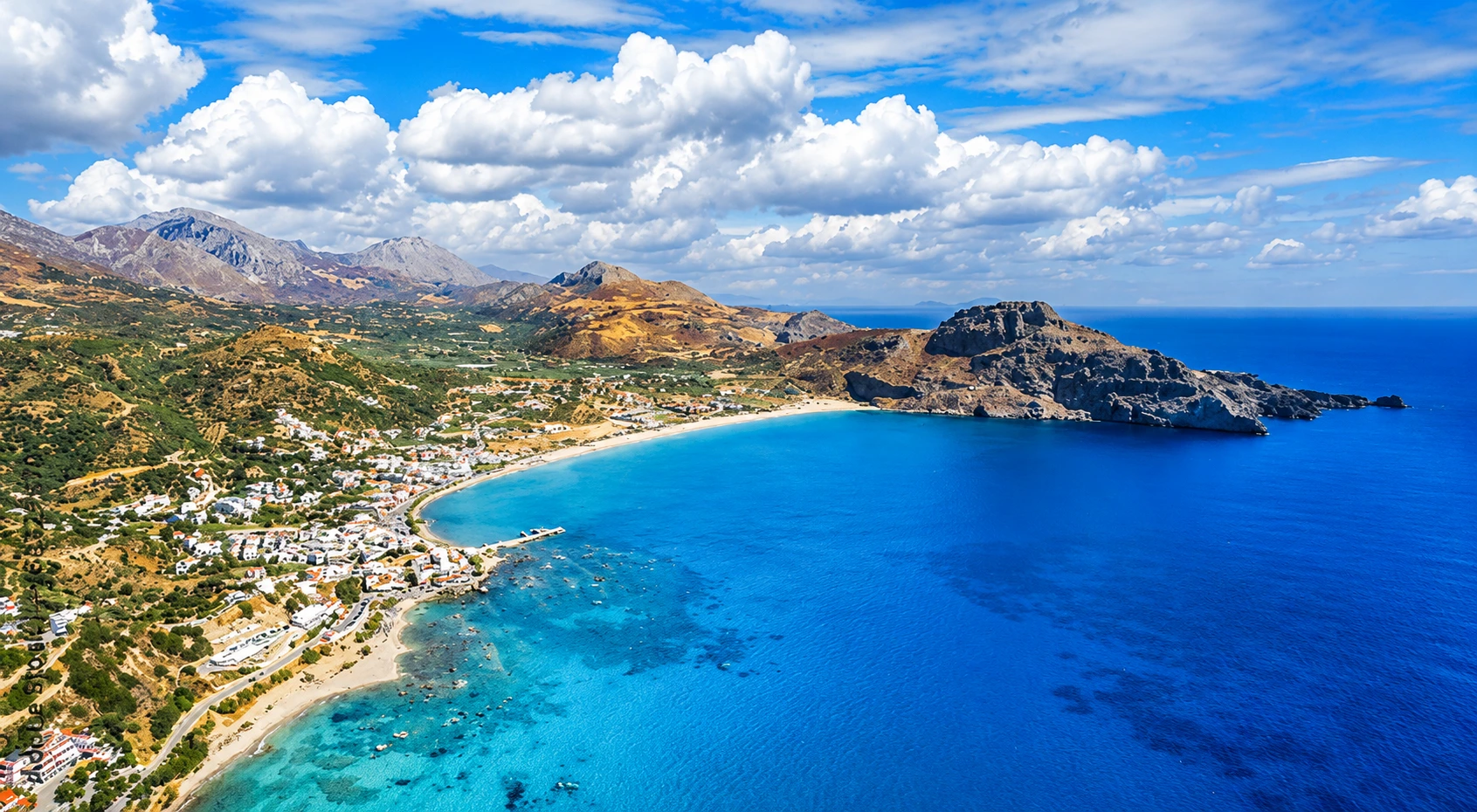 Aerial view of Plakias Beach and bay in south Rethymno